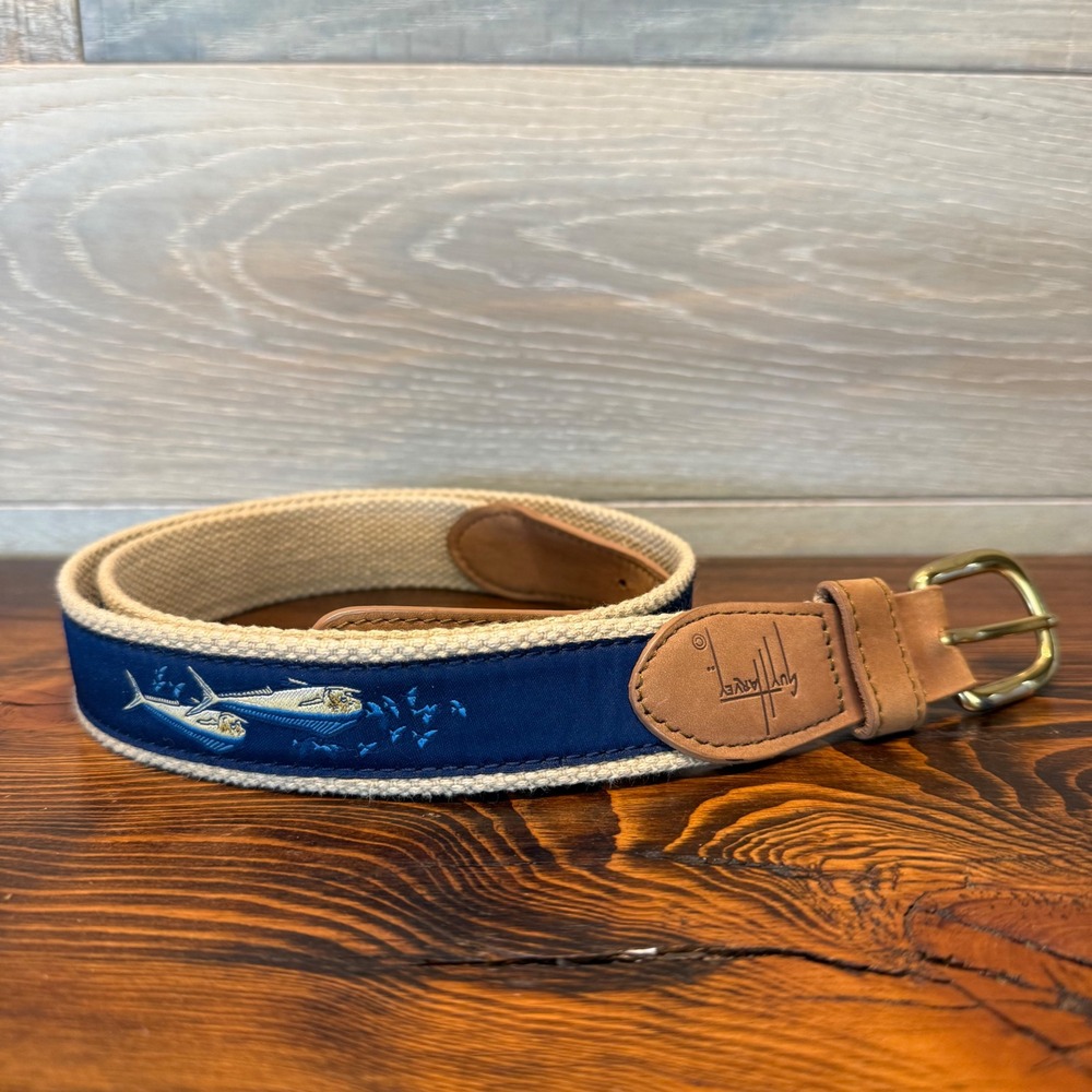 Guy Harvey Belt Mens Size 38 Mahi Mahi Embroidered Canvas Leather Navy Tan
